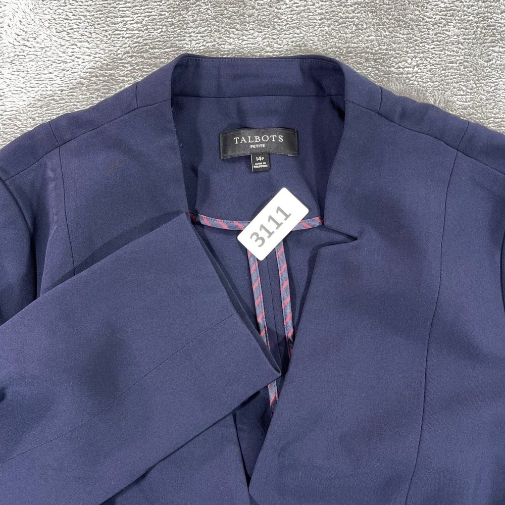 Talbots Blazer Women 14P Navy Blue Single Button Collarless Jacket PH5289